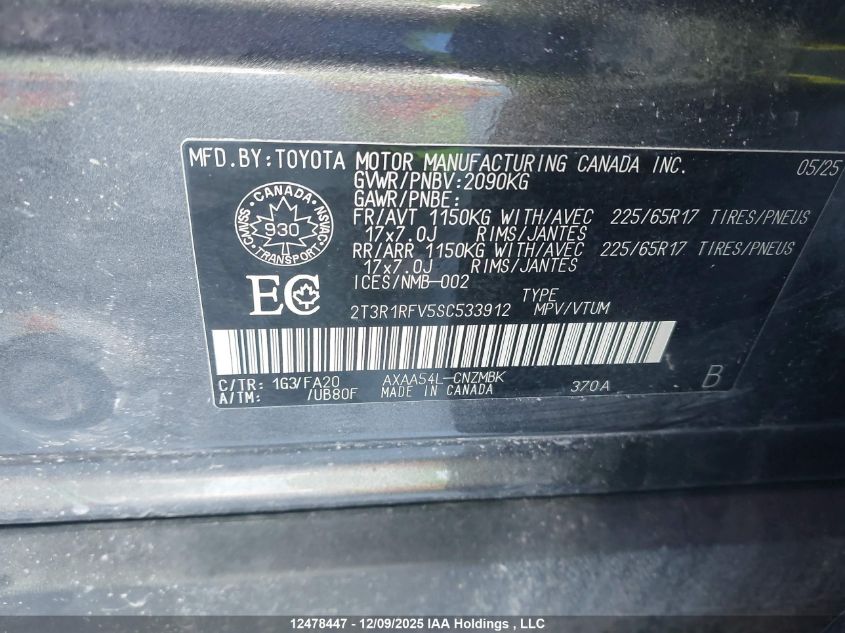 2025 Toyota Rav4 Xle/Xle Premium VIN: 2T3R1RFV5SC533912 Lot: 12478447