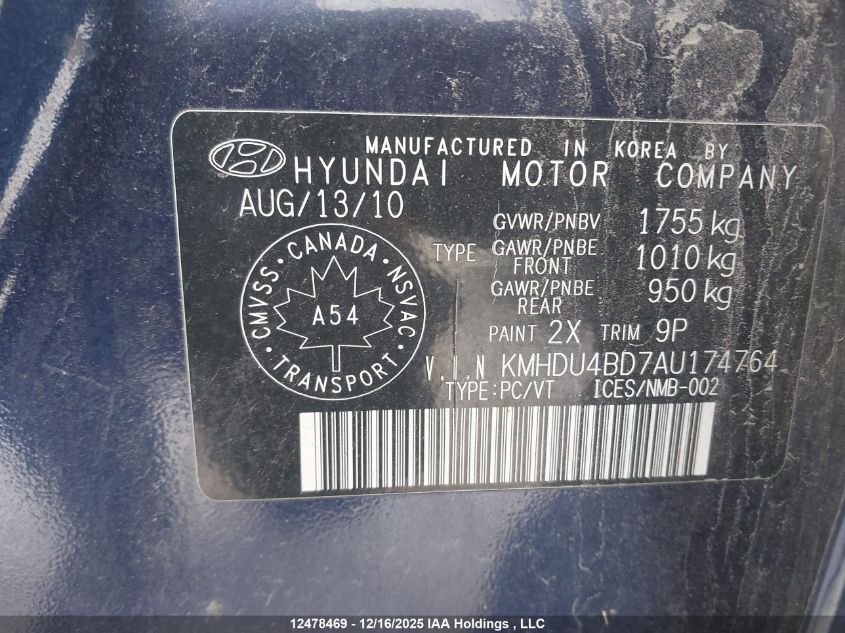 2010 Hyundai Elantra VIN: KMHDU4BD7AU174764 Lot: 12478469