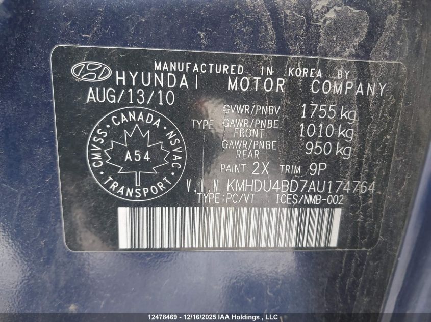 2010 Hyundai Elantra VIN: KMHDU4BD7AU174764 Lot: 12478469