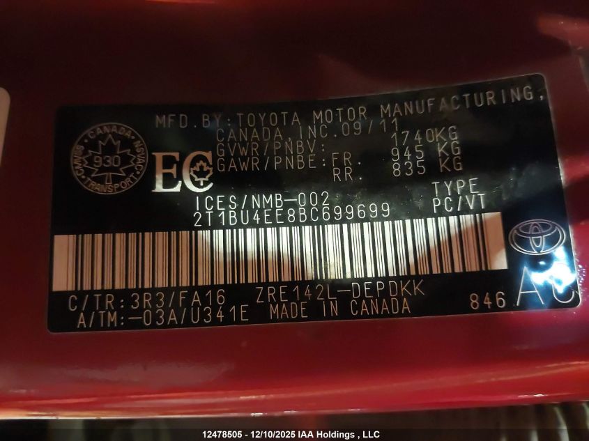 2011 Toyota Corolla VIN: 2T1BU4EE8BC699699 Lot: 12478505