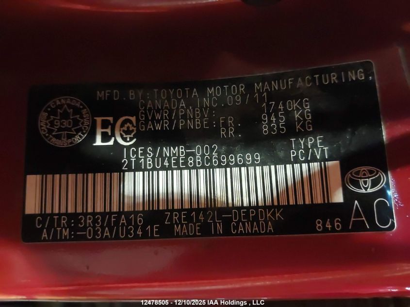 2011 Toyota Corolla VIN: 2T1BU4EE8BC699699 Lot: 12478505
