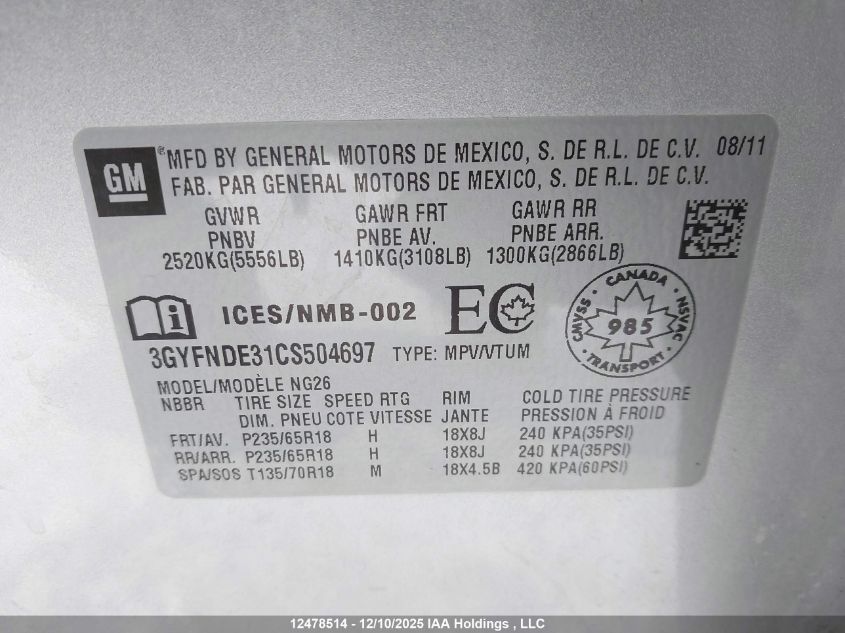 2012 Cadillac Srx Luxury Collection VIN: 3GYFNDE31CS504697 Lot: 12478514