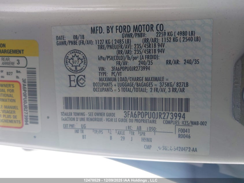 3FA6P0PU0JR273994 2018 FORD FUSION photo no. 9