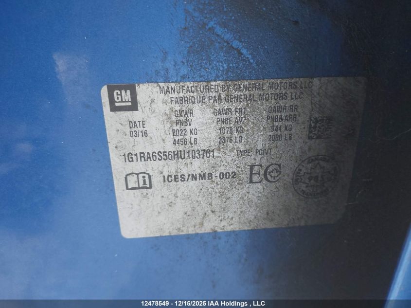 2017 Chevrolet Volt Lt VIN: 1G1RA6S56HU103761 Lot: 12478549