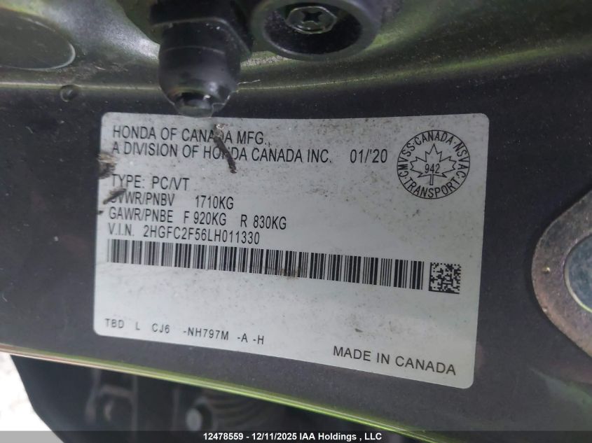 2020 Honda Civic Lx VIN: 2HGFC2F56LH011330 Lot: 12478559