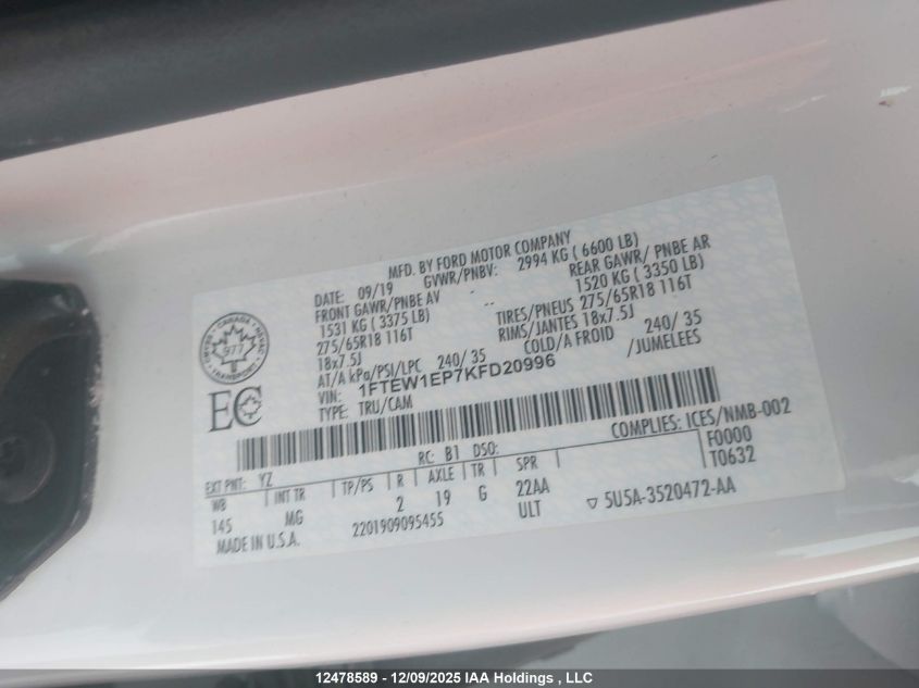 2019 Ford F-150 Xlt VIN: 1FTEW1EP7KFD20996 Lot: 12478589