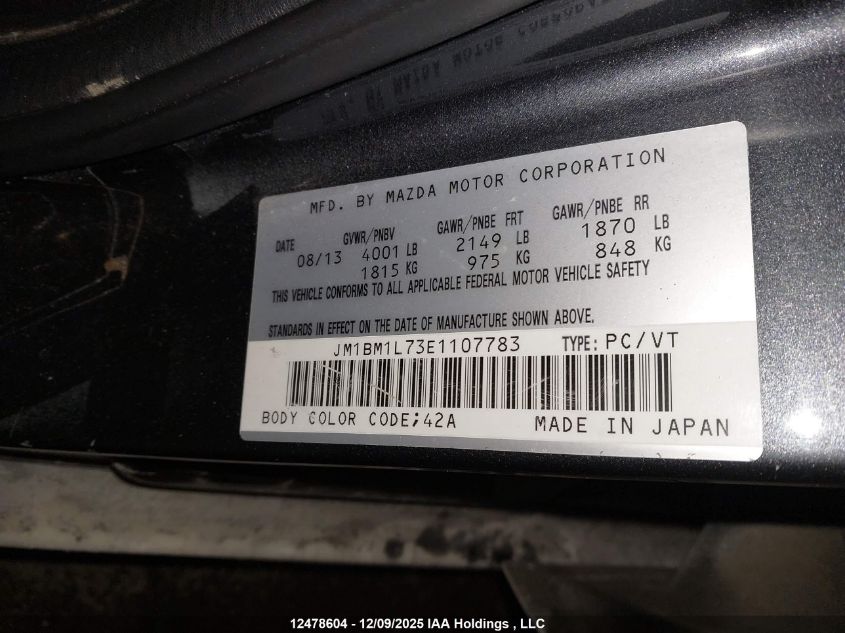 2014 Mazda 3 Touring VIN: JM1BM1L73E1107783 Lot: 12478604