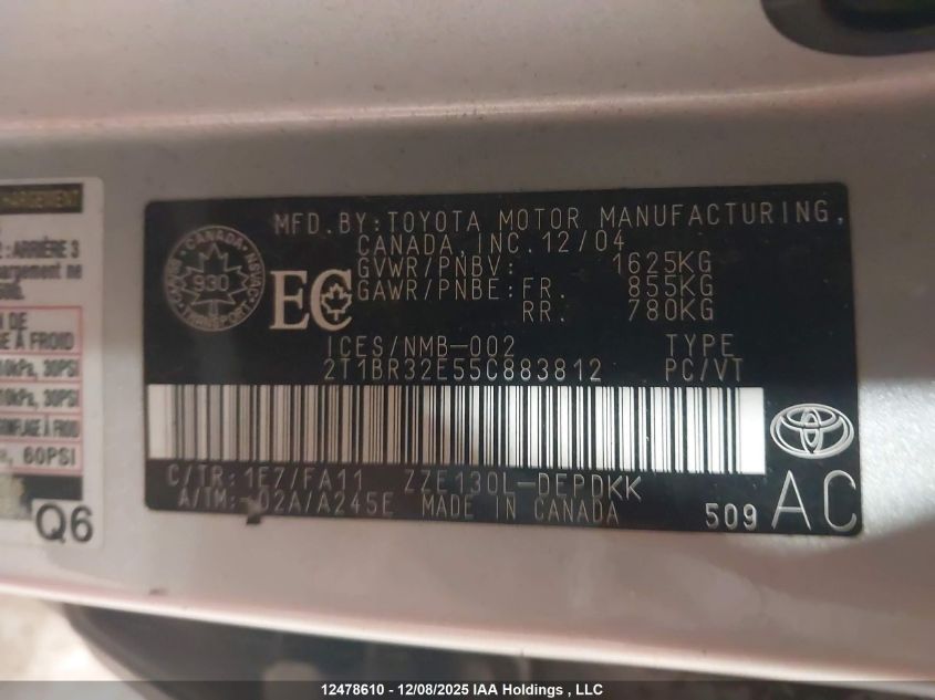 2005 Toyota Corolla Ce/Le/S VIN: 2T1BR32E55C883812 Lot: 12478610