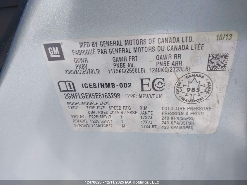 2014 Chevrolet Equinox Lt VIN: 2GNFLGEK5E6163298 Lot: 12478626