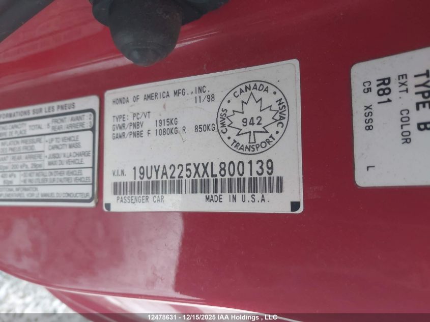 1999 Acura Cl 3.0L VIN: 19UYA225XXL800139 Lot: 12478631