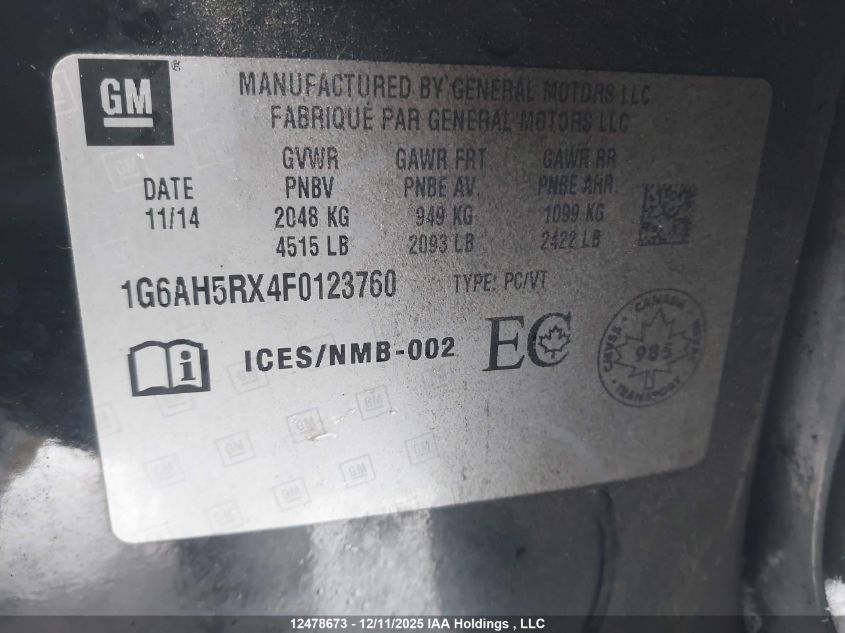 2015 Cadillac Ats VIN: 1G6AH5RX4F0123760 Lot: 12478673