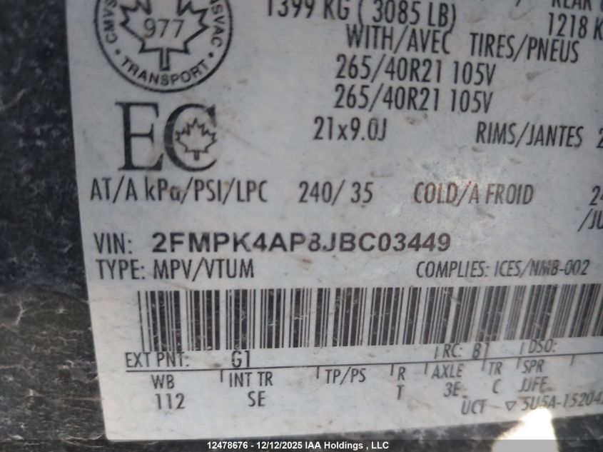 2018 Ford Edge Sport VIN: 2FMPK4AP8JBC03449 Lot: 12478676