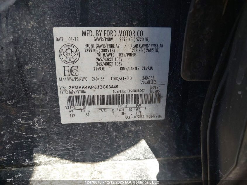 2018 Ford Edge Sport VIN: 2FMPK4AP8JBC03449 Lot: 12478676