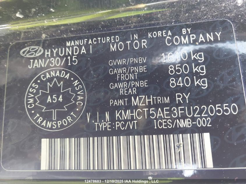 2015 Hyundai Accent Gl VIN: KMHCT5AE3FU220550 Lot: 12478683