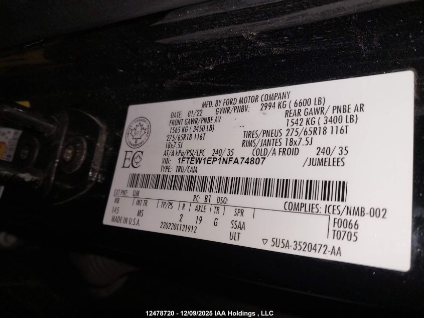 2022 Ford F-150 Xlt VIN: 1FTEW1EP1NFA74807 Lot: 12478720