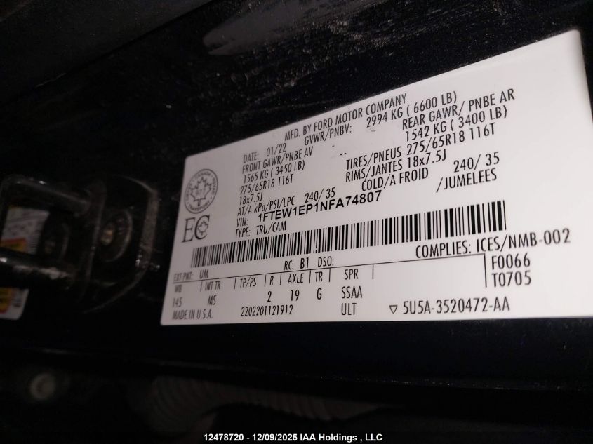 2022 Ford F-150 Xlt VIN: 1FTEW1EP1NFA74807 Lot: 12478720