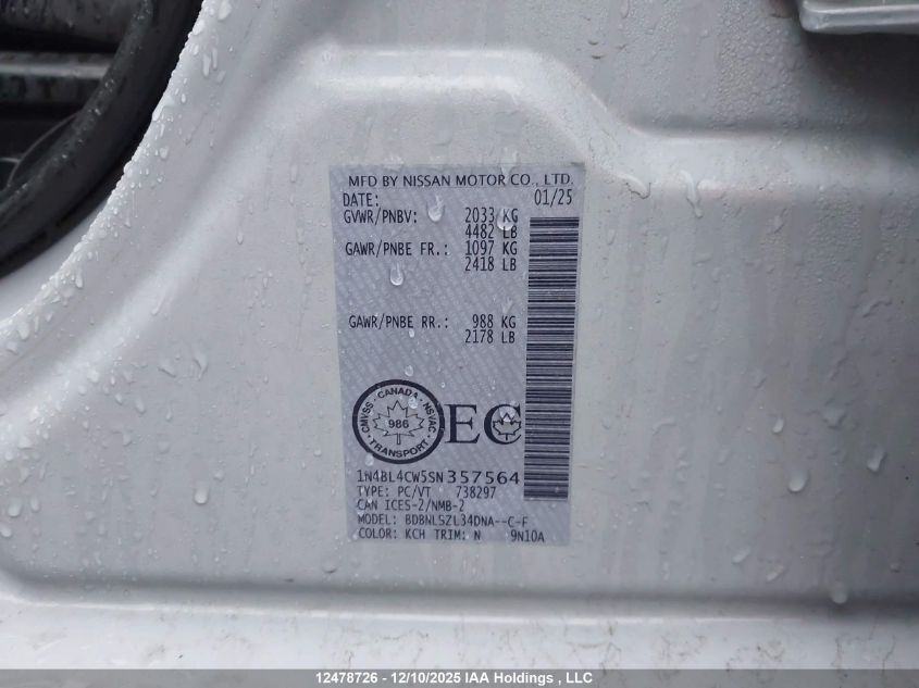 2025 Nissan Altima Sr VIN: 1N4BL4CW5SN357564 Lot: 12478726