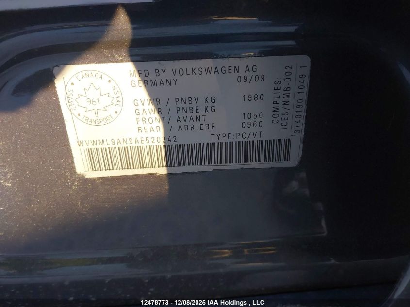 2010 Volkswagen Passat Cc VIN: WVWML9AN9AE520242 Lot: 12478773