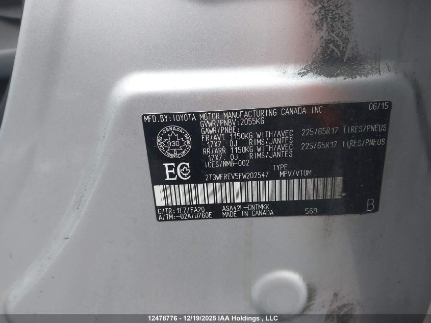 2015 Toyota Rav4 Xle VIN: 2T3WFREV5FW202547 Lot: 12478776