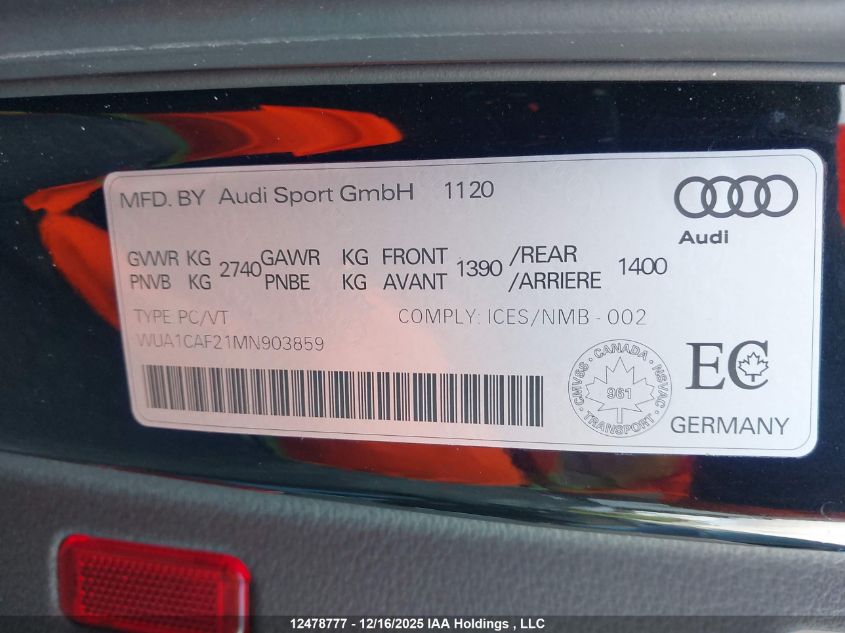 2021 Audi Rs 6 Avant 4.0T VIN: WUA1CAF21MN903859 Lot: 12478777