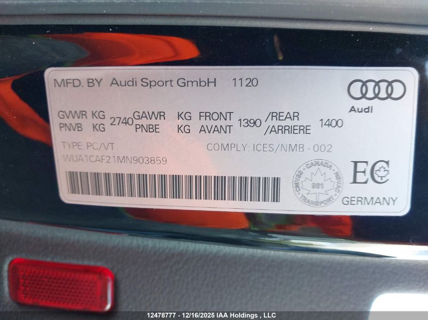 2021 Audi Rs 6 Avant 4.0T VIN: WUA1CAF21MN903859 Lot: 12478777