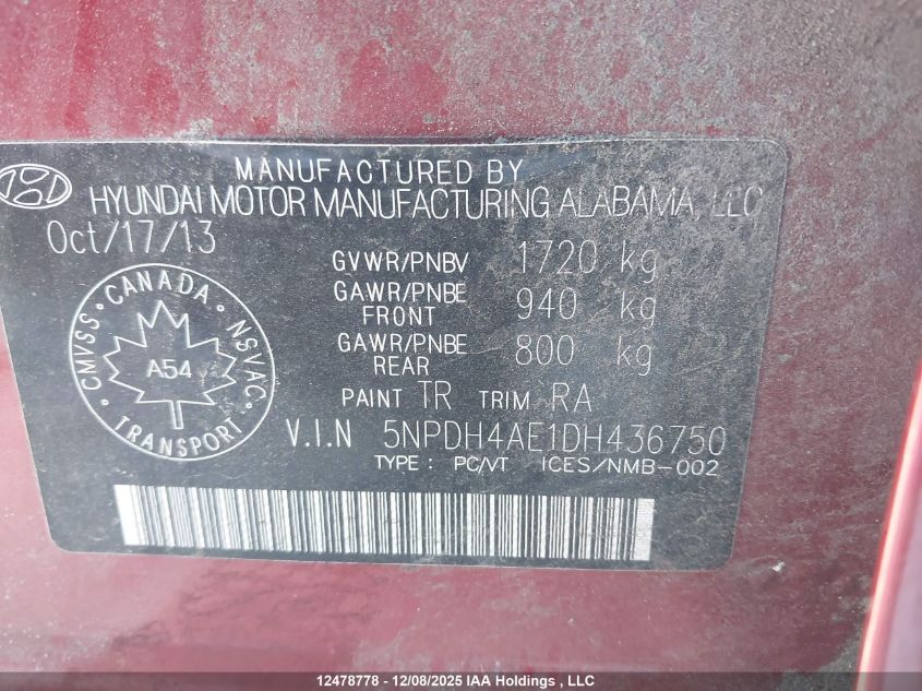 2013 Hyundai Elantra Gls/Limited VIN: 5NPDH4AE1DH436750 Lot: 12478778