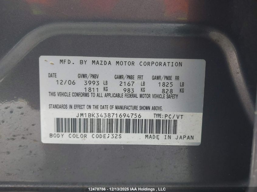 2007 Mazda 3 Hatchback VIN: JM1BK343871694756 Lot: 12478786