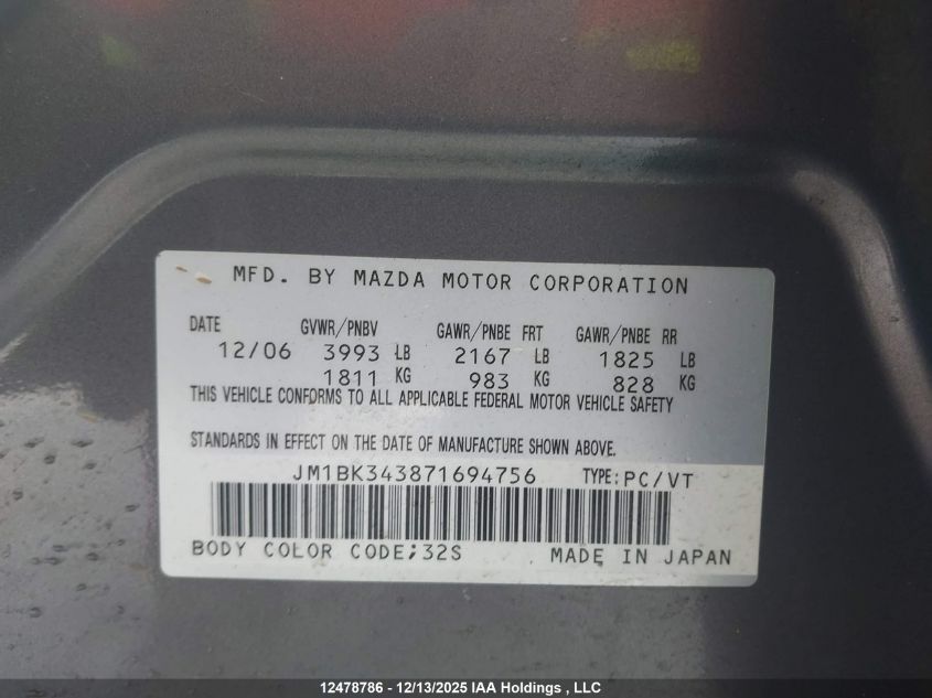 2007 Mazda 3 Hatchback VIN: JM1BK343871694756 Lot: 12478786