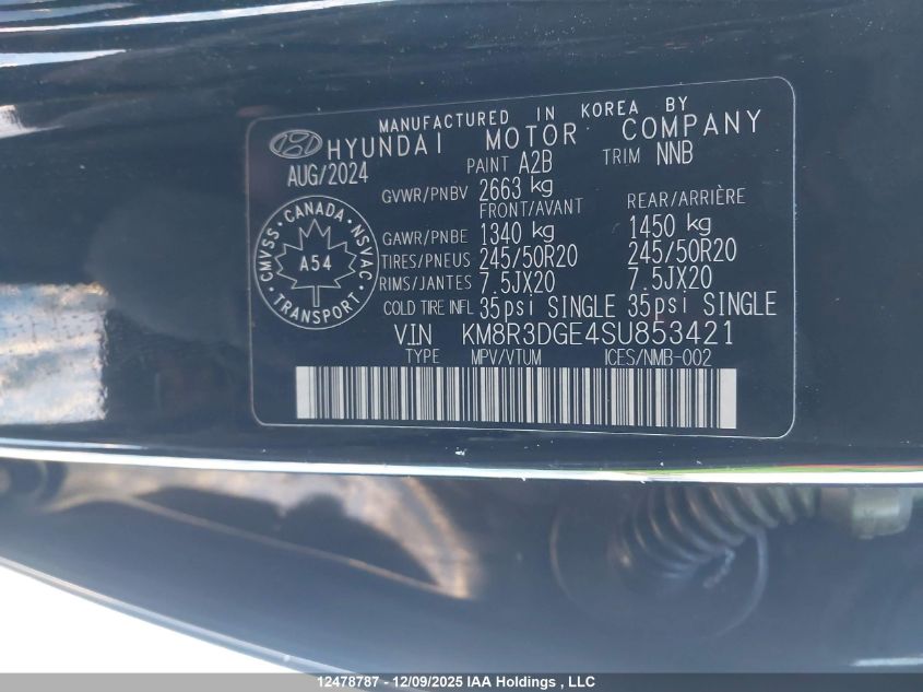 2025 Hyundai Palisade VIN: KM8R3DGE4SU853421 Lot: 12478787