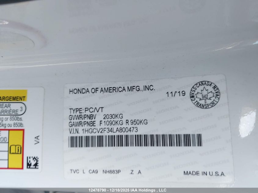 2020 Honda Accord Sport 2.0T VIN: 1HGCV2F34LA800473 Lot: 12478790