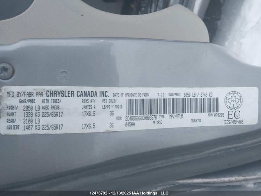 2013 Dodge Grand Caravan VIN: 2C4RDGDG6DR803578 Lot: 12478792