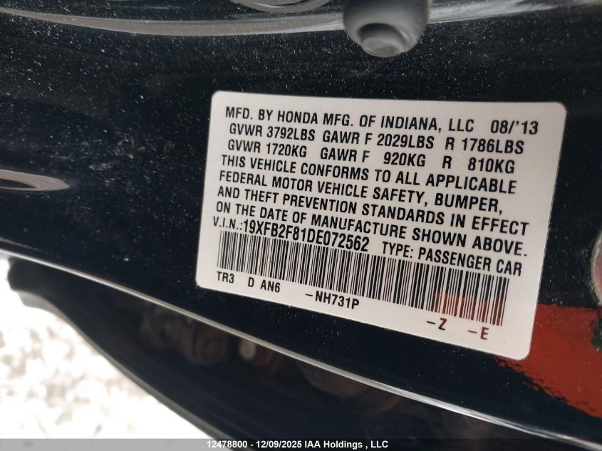 2013 Honda Civic Ex VIN: 19XFB2F81DE072562 Lot: 12478800