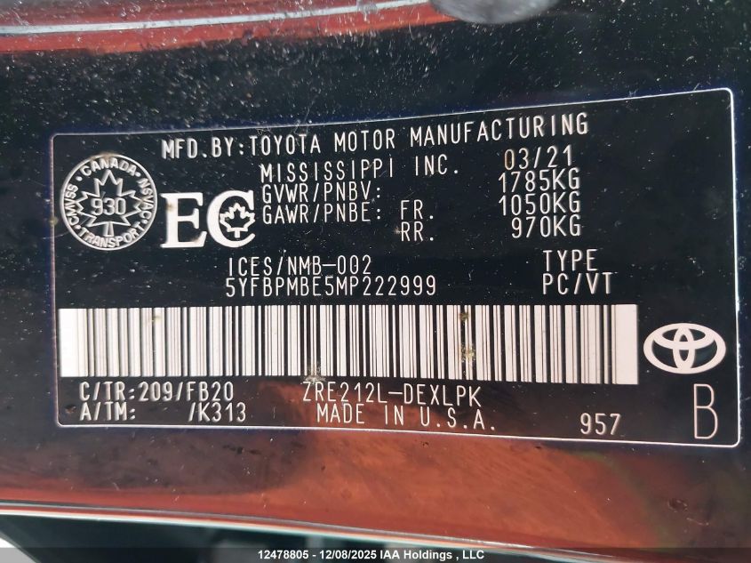 2021 Toyota Corolla Le VIN: 5YFBPMBE5MP222999 Lot: 12478805