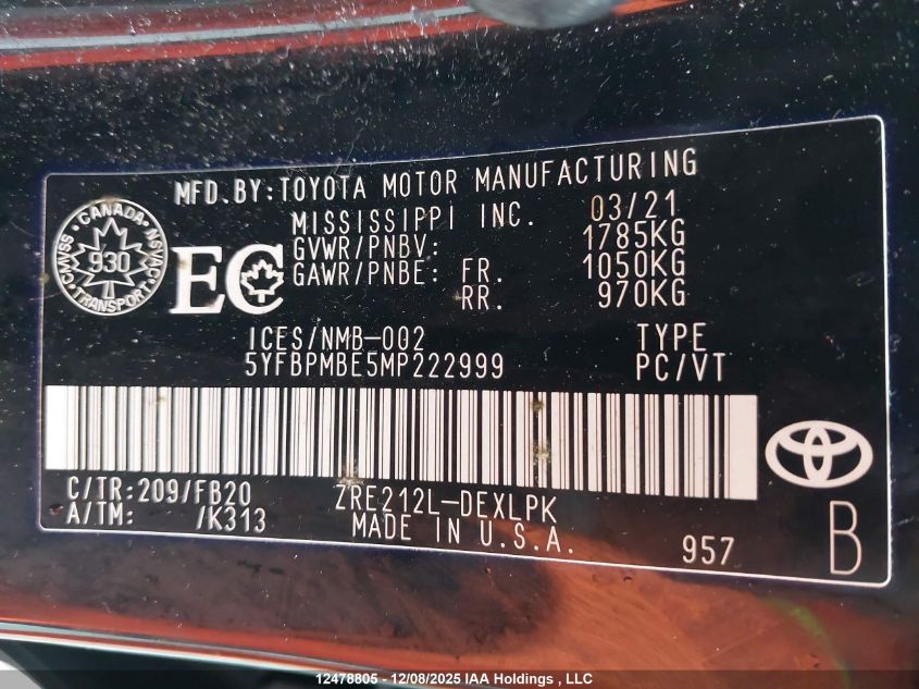 2021 Toyota Corolla Le VIN: 5YFBPMBE5MP222999 Lot: 12478805