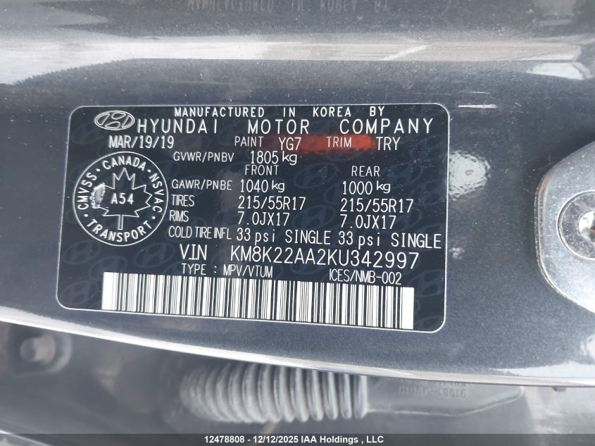 2019 Hyundai Kona 2.0L Preferred VIN: KM8K22AA2KU342997 Lot: 12478808