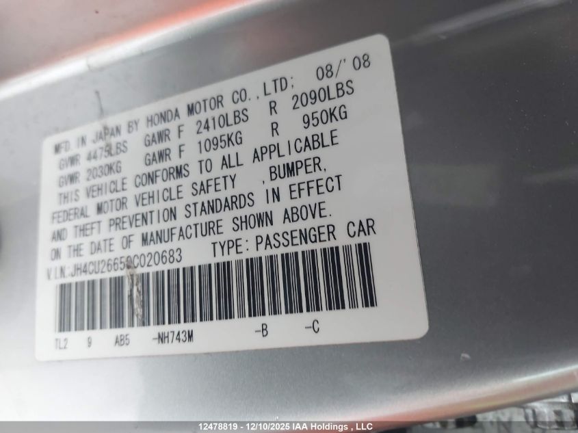 2009 Acura Tsx VIN: JH4CU26659C020683 Lot: 12478819