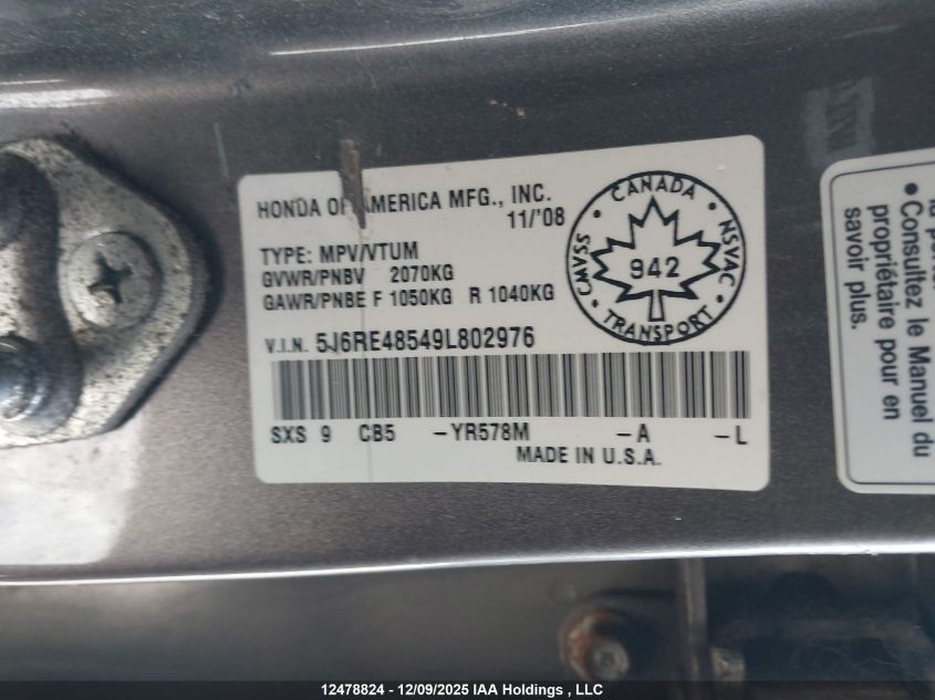 2009 Honda Cr-V VIN: 5J6RE48549L802976 Lot: 12478824
