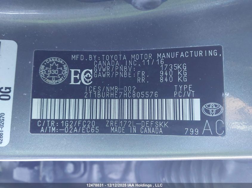 2017 Toyota Corolla Se VIN: 2T1BURHE7HC805576 Lot: 12478831