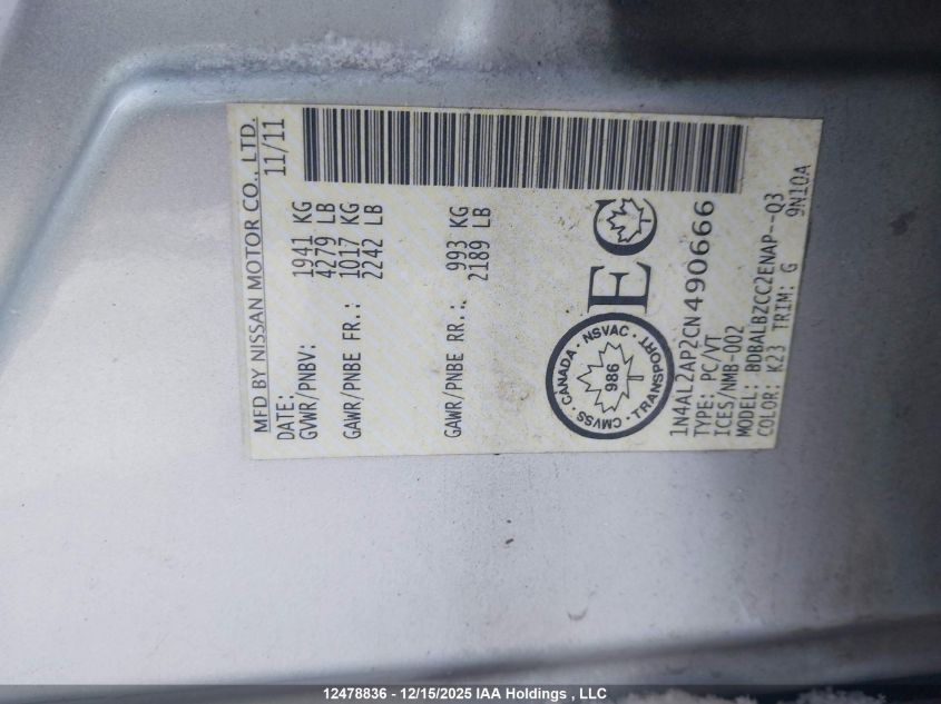 2012 Nissan Altima VIN: 1N4AL2AP2CN490666 Lot: 12478836