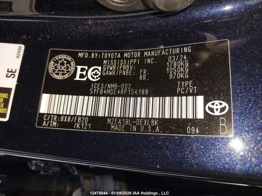 2024 Toyota Corolla Le VIN: 5YFB4MDE4RP154188 Lot: 12478844