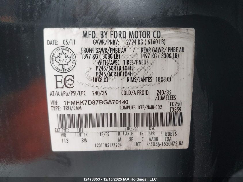 2011 Ford Explorer Xlt VIN: 1FMHK7D87BGA70140 Lot: 12478853