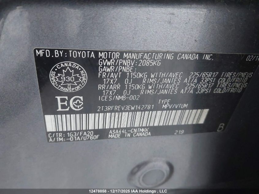 2014 Toyota Rav4 Xle VIN: 2T3RFREV3EW142781 Lot: 12478858