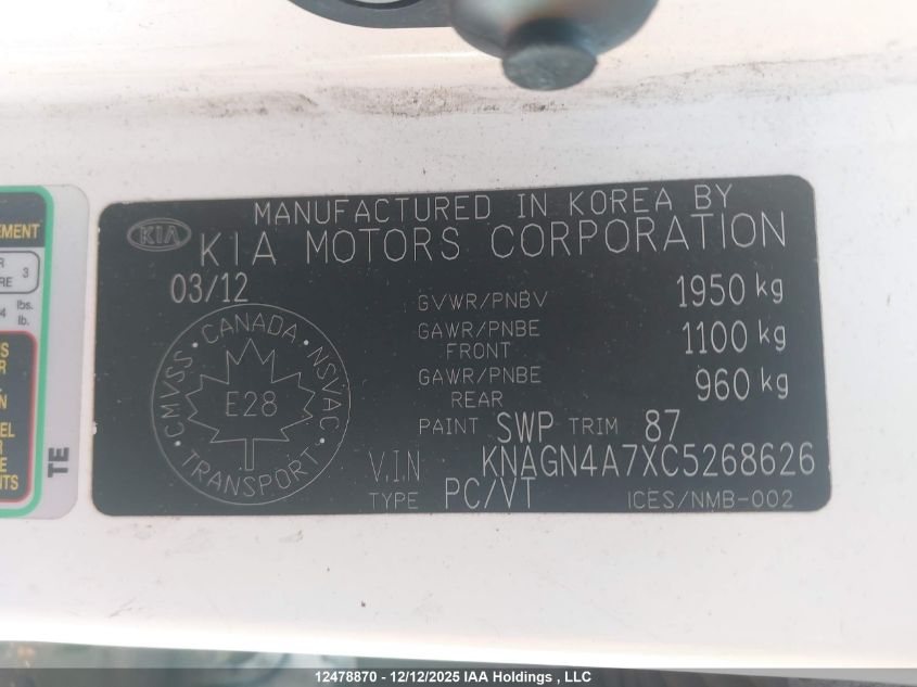 2012 Kia Optima Ex/Ex Luxury/Ex+ VIN: KNAGN4A7XC5268626 Lot: 12478870