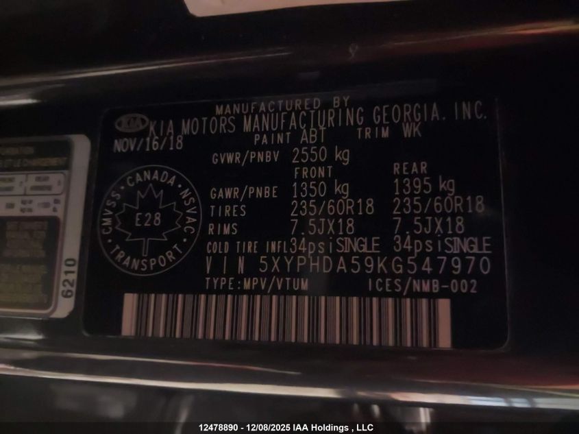 2019 Kia Sorento 3.3L Ex/3.3L Ex+ VIN: 5XYPHDA59KG547970 Lot: 12478890