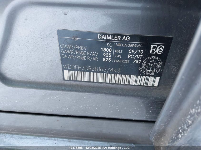 2011 Mercedes-Benz B200 VIN: WDDFH3DB2BJ637443 Lot: 12478898