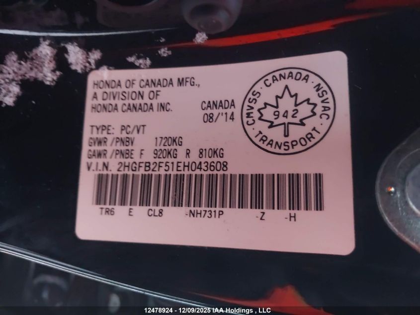 2014 Honda Civic Ex VIN: 2HGFB2F51EH043608 Lot: 12478924