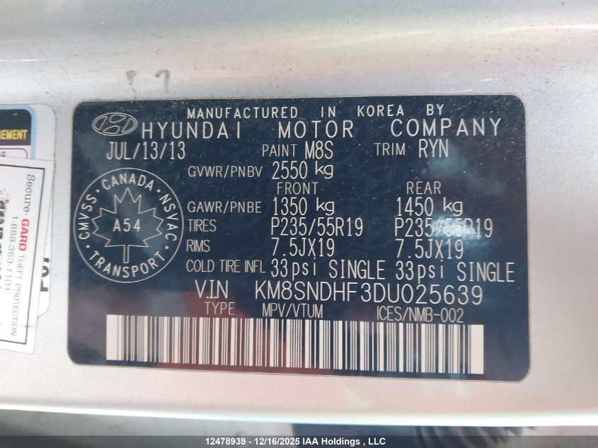 2013 Hyundai Santa Fe VIN: KM8SNDHF3DU025639 Lot: 12478939