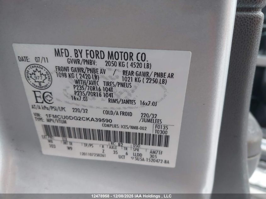 2012 Ford Escape Xlt VIN: 1FMCU0DG2CKA39590 Lot: 12478958