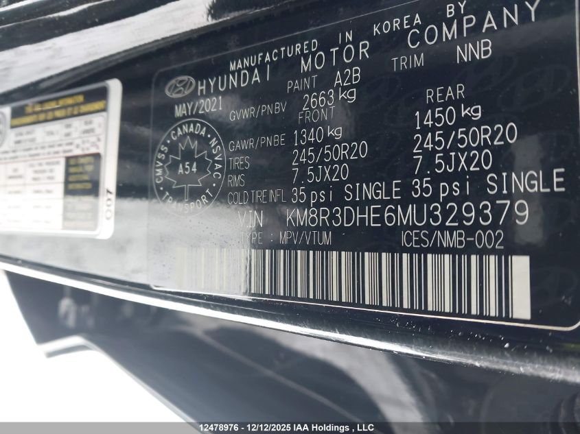 2021 Hyundai Palisade Sel VIN: KM8R3DHE6MU329379 Lot: 12478976