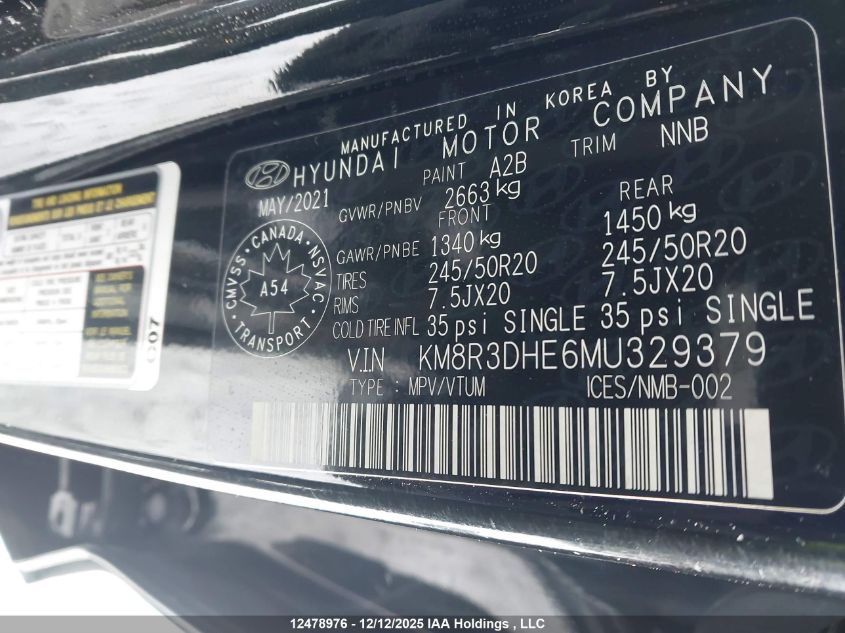 2021 Hyundai Palisade Sel VIN: KM8R3DHE6MU329379 Lot: 12478976